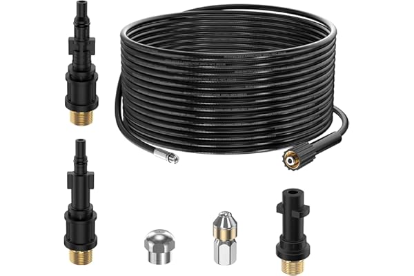 15M Tuyau Déboucheur Canalisation pour Nettoyeur Haute Pression Kärcher K2 K3 K4 K5 K6 K7 HD HDs, 180Bar Kit Furet Professional avec Buse à Jet et Rotatif & Adaptateurs pour Lavor Parkside & Bosch