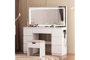 TRIUMPHKEY Dressing Table with Stool,Large LED Mirror,Adjustable Brightness,Vanity Table Makeup Desk with 7 Drawers and Power Outlet for Home Furniture,White
