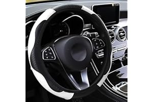 LMYDIDO Car Steering Wheel Cover Leather, Anti-slip Breathable Carbon Fiber Sports Elastic Band Without Inner Ring Steering Wheel Cover Universal Size 37-39cm /14.5-15 (White)