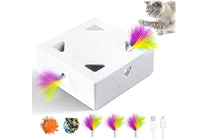 Migipaws Jouet pour Chat, Jouet interactif Automatique à 7 Trous pour Souris, Jouet d'éveil Ultra Amusant pour Les Chats d'intérieur, Rechargeable par USB, 4 pièces de Plumes