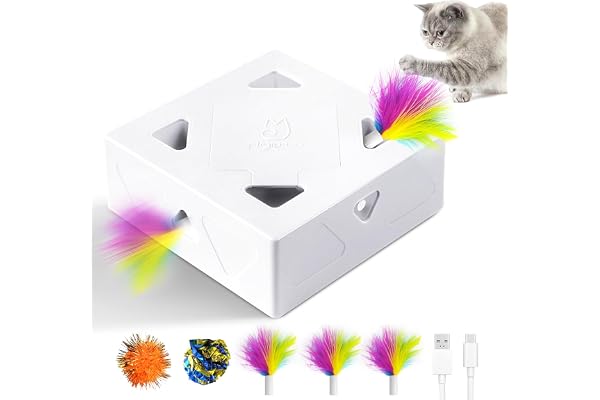 Migipaws Jouet pour Chat, Jouet interactif Automatique à 7 Trous pour Souris, Jouet d'éveil Ultra Amusant pour Les Chats d'intérieur, Rechargeable par USB, 4 pièces de Plumes