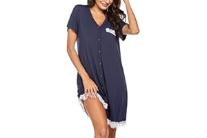 UNibelle Camicia da Notte Donna Maniche Corte Vestito da Notte Premaman Allattamento Bottoni Pizzo, S-XXL