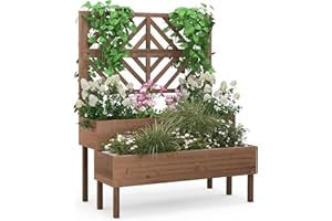 COSTWAY Cama Elevada de Jardín de 2 Niveles con Enrejado, Caja de Cultivo Elevada de Madera con Patas, Agujero de Drenaje, Maceta Interior y Exterior para Jardín, Patio y Balcón (Marrón)