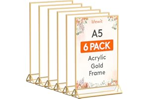 Lifewit 6 Pack A5 Porta Carteles Acrílico con Bordes Dorados, Soporte Vertical Transparente de Doble Cara, Porta Menús, Porta Números de Mesa Marcos de Fotos para Bodas, Fiestas, Restaurantes