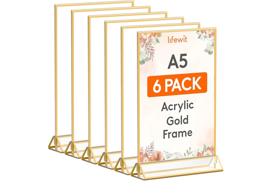 Lifewit 6 Pack A5(14.8 x 21cm) Acrylic Sign Holder with Gold Borders, Clear Vertical Double-sided Stand, Plastic Menu Holders, Table Number Holders Picture Frames for Wedding, Party, Restaurant decor