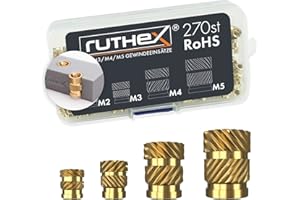 ruthex M2 + M3 + M4 + M5 skrzynka z zestawem wkładek gwintowych – 70 + 100 + 50 + 50 sztuk nasadki z mosiądzu - nakrętki do części plastikowych - na ciepło lub ultradźwiękowo do części z drukarki 3D