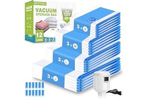 Bestash Worki próżniowe na ubrania, 12 szt. worków próżniowych do ubrań podróżnych, pogrubione worki próżniowe z pompką, na koce, kołdry, poduszki, kołdry, podróże, przeprowadzki