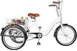 ROMYIX 20'' White Tricycle Adult 3 Wheel Bike Trike Cruiser Single Speed Elderly Bicycle w/Shopping Basket, 242.5 lbs Capacity,Adjustable Seat,Adjustable Handlebar(White)