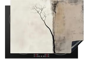 KitchenYeah© Protection Plaque Cuisson Deco Cuisine Cache Induction 71x52 cm Protège Pour Cuisiniere Protection Wabi Sabi - Plante - Beige