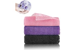 BASUIT Pack of 3 African Net Sponges - Nylon Back Scrubber 80x30cm Long Shower Sponge Exfoliating Bath Back Scrubber Remove Skin Dirt and Oil for Smoother Skin Deep Cleaning Shower(Black+Pink+Purple)