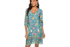 BDTECAOR Damen Vintage Ethnostil Blumenmuster Bohemian Tunika Kleid V-Ausschnitt 3/4 Arm Strandkleider Sommerkleider