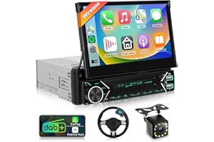 DAB/DAB+ Single Din Car Stereo with Apple Carplay Android Auto, Podofo 7 inch Motorized Flip Out Touch Screen Bluetooth Radio with Mirror Link/FM/SWC/Backup Camera/External Mic/2 USB+Type-C Ports