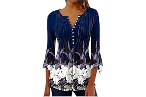 NUSGEAR Camiseta Manga Corta Mujer Verano 2023 Moda Impresión Camisa 3/4 Manga Blusa Cuello en V Botones Plisada Camiseta Elegant Suelto Tops Casual Fiesta Cómodo T-Shirt Original tee Playa