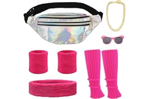 ATOWORLD Deguisement Annee 80 Femme Homme Accessoire Fluo Sac Banane Bandeau Cheveux Femme Bracelet Jambiere Annees 80 90 Deguisement Disco Femme Homme Enfant Déguisement Année 80 Accessoires Sportif (argent)