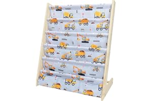 wooshwa Wooden Sling Children's Bookshelf 5 Tier Toy and Book Storage Organizer 3 Pockets Kids Bookcase with Deep Sleeves for Boys Playroom Nursery Bedroom (Excavator)