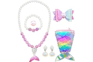 Felly Zestaw biżuterii dla małej dziewczynki, biżuteria dla dziewczynek i dzieci, 7 szt. biżuterii, zabawki, naszyjniki, bransoletki, pierścionki, kolczyki, spinki do włosów i torebka syrenki,