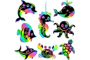 ZEPHYRHOME 48 Cartes à Gratter Animaux Marins Enfant Kit Scratch Art Arc-en-Ciel avec Stylos Bois & Rubans Carte à Gratter DIY pour Dessin Gratter, Jeu Créatif, Activités Manuelles,Loisir Créatif Filles Garçons