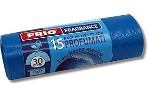 FRIO - Confezione da 15 Sacchetti 30 Litri al Profumo di FRESCHEZZA MARINA - 52x58cm, Colore Azzurro - Sacchetti per la Spazzatura di Qualità Premium, extra resistenti