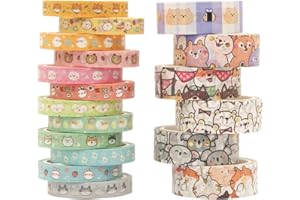 LGEGE 18 rouleaux Washi Tape Set - 7,5/15 mm de large - Motif chat kawaii, poulet, lapin, mouton, chien - Pour scrapbooking, loisirs créatifs,emballages cadeaux,journaux,planificateurs