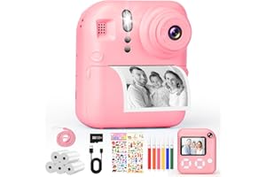 MILFECH 2.4 Zoll Kinderkamera Sofortbildkamera DigitalKamera, Fotokamera mit 32GB Karte & 5 Druckpapier, 6 Aquarellstiften, 2 Aufklebern, Geschenke für Jungen und Mädchen 3-12 Jahre(Rosa)