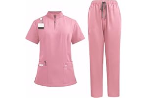 Meichoon Set di scrub medico uniforme Set Unisex Scrub medico Poliestere Cerniera Collo Top Pantaloni elasticizzati 4 tasche Traspirante Asciugatura rapida Anti Pilling DK50