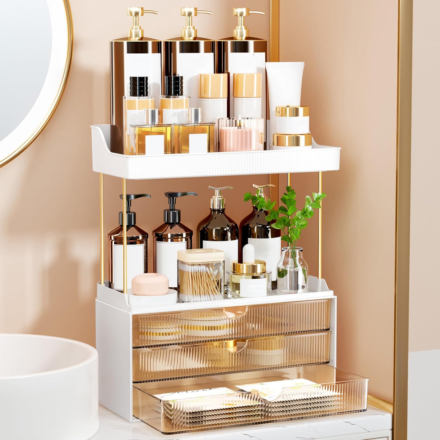 OrderlyGo Makeup Organiser - Upgrade 2 Tier 3 Drawers Large Vanity Organisers, Versatile Cosmetic Storage, Exquisite Bathroom & Skincare, Dressing Table Organiser, Amber