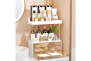 OrderlyGo Makeup Organiser - Upgrade 2 Tier 3 Drawers Large Vanity Organisers, Versatile Cosmetic Storage, Exquisite Bathroom & Skincare, Dressing Table Organiser, Amber