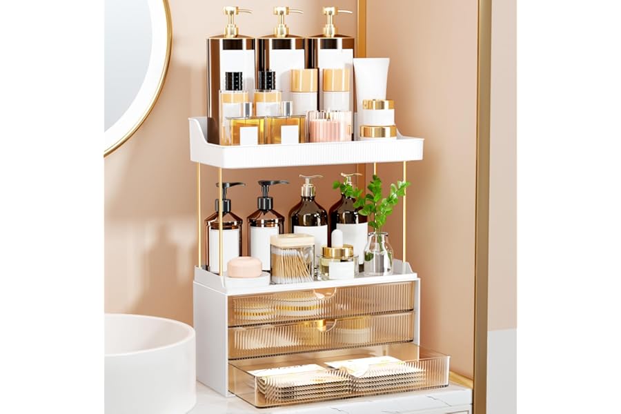 OrderlyGo Makeup Organiser - Upgrade 2 Tier 3 Drawers Large Vanity Organisers, Versatile Cosmetic Storage, Exquisite Bathroom & Skincare, Dressing Table Organiser, Amber