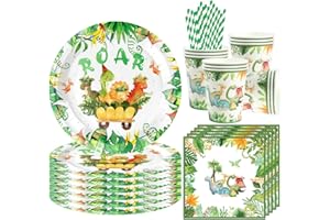 AUGESAK 68 Stück Dinosaurier Partygeschirr für 16 Gäste, Dino Geburtstag Deko, Dinosaurier Partyteller Becher Servietten, Jura Party Deko für Junge Mädchen Kindergeburtstag