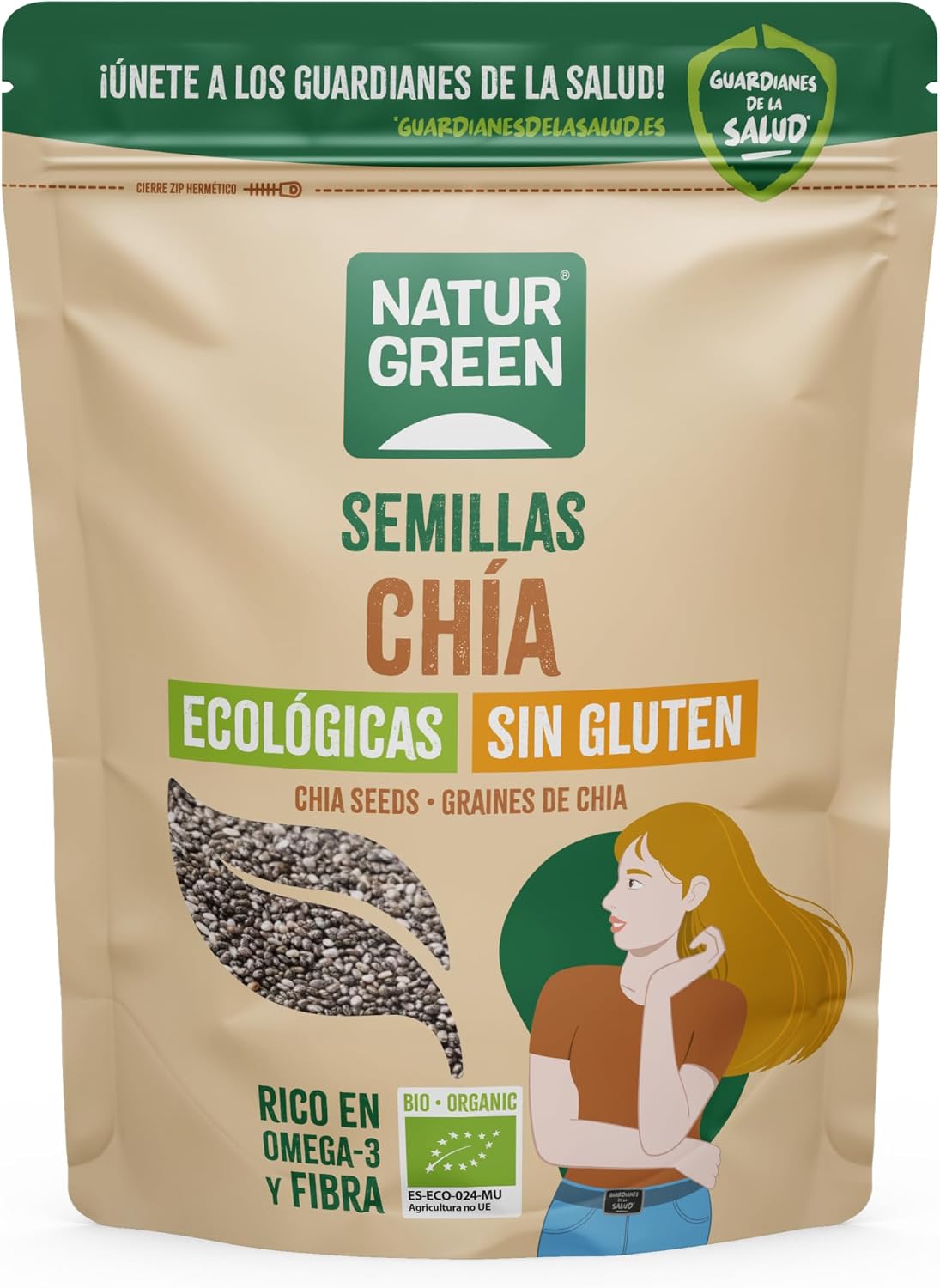 NaturGreen - Semillas Chía, Chía Ecológia, Ricas en Fibra y Ácidos Grasos Saludables, Omega 3, Natural, Sin Gluten - 500g