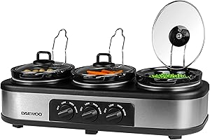 Daewoo sda1334 3 x 1,5 L Tripla Cottura lenta 3 Calore individuali | pentole Lavabili in lavastoviglie | Controllo Manuale della Temperatura | 300 W, Ceramica Acciaio Inossidabile Grès, Nero e Argento