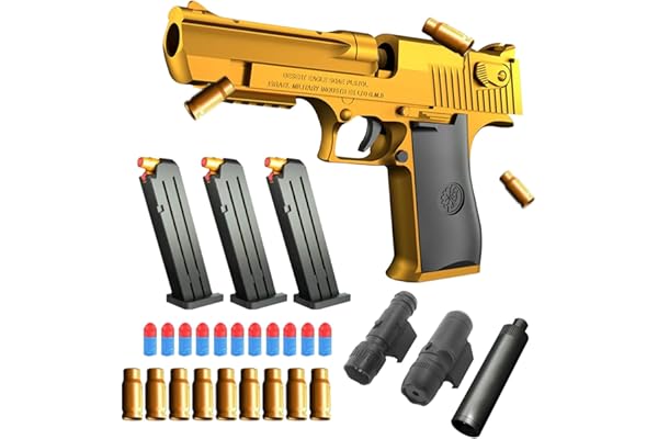 Pistolet Jouet, Armes Jouet, Pistolet pour Enfants avec 50 Billes en Mousse, 32 Cartouches, Silencieux, Lampe Torche, viseur Infrarouge et 3 chargeurs, Desert Eagle, Blaster en Mousse. (Or)