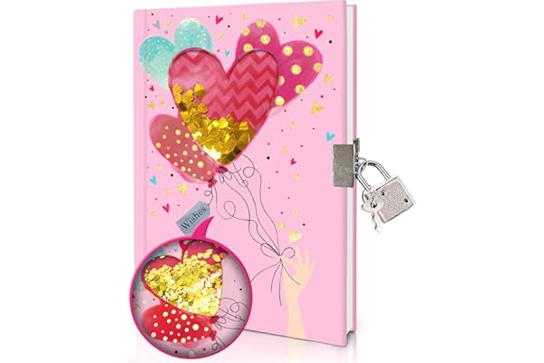 Journal Intime Fille avec Cadenas, 17,8x13,5cm 80 Feuilles Ligné Paillettes Secouables Cahier de Notes Joli Coeur Carnet Secret Enfants Cadeaux pour Adolescents pour Filles et Garçons de 6 à 12 Ans