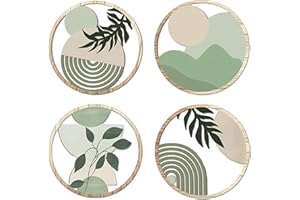 Exquilnova 4 Stück Holz Boho Wand Deko, Boho Wanddeko Grün, Moderne Wanddeko Wohnzimmer, 3D Runde Vintage Wanddekoration für Bauernhaus Flur Schlafzimmer Kinderzimmer (Grün 4 Stück)