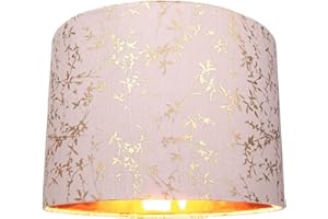 Modern Soft Pink Cotton Fabric 12" Lamp Shade with Gold Foil Floral Decoration Suitable for Table or Ceiling Usage | 30cm Diameter | 60w Maximum by Happy Homewares