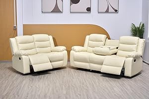 SOFALAND Recliner Cream 3+2 Seater Bonded Leather Sofa - Luxury High Back Settee Suite With Cup Holder & Cheap Couche