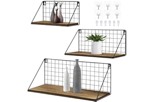 Firbon Floating Shelves Wall Mounted Set of 3, Rustic Metal Wire Grid and Wood Storage Shelves Sturdy Display Racks Home Decoration for Living Room, Office, Bedroom, Bathroom, Kitchen