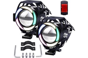 Biqing 2PCS U7 Motorcycle LED Spot Lights With Colorful Angel Eyes,Universal 12V 24V Motorbike Headlight Waterproof Front Motorbike Additional Lights Fog Light With ON/ON/OFF Switch 22mm