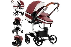 MoLi Cuero PU Carrito de Bebe 3 en 1, Carro Bebe 3 Piezas Plegado Conveniente con Un Solo Clic, Carrito Bebe con Modo de Doble Empuje Reversible, Cochecito Bebe 3 Piezas Paisaje Alto (518 Red)