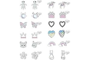 JZTRADING Girls Earrings 12 Pairs Sterling Silver Earrings for Girls Women Silver Small Studs Earrings Set Kids Teenage Girls Cubic Zirconia Hypoallergenic Studs Set
