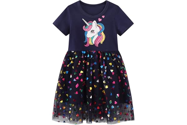 FILOWA Robe Fille Coton Tulle Licorne Paillette Broderie Imprimée Animale Fleur Rayure Robes Princesse Party Mignon Ete Manche Courte T-Shirt Robes Enfant 2-7 Ans