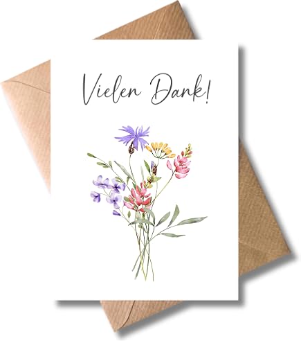 Koko&Lora Dankeskarte 'Vielen Dank' – 3er Set Mit Umschlägen, A6, 350 G/m², Süßes Maus-Motiv Mit Blumen