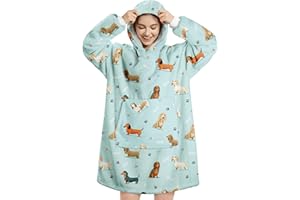 ‎QUEENSHIN Queenshin Hoodie Decke Oversize Dackel Blau mit Ärmeln Kuscheldecke Deckenpullover für Damen Herren, Tragbare Decke zum Anziehen Erwachsene, Übergroßer Hoodie Sweatshirt Sherpa Warm und Weich