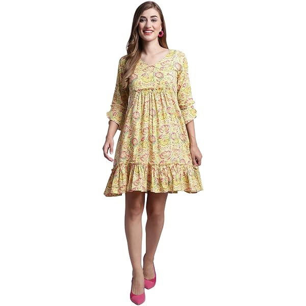 Rajnandini Women's Pure Cambric Cotton Printed Western Dress - White, A-Line, 3/4 Sleeve, XXL