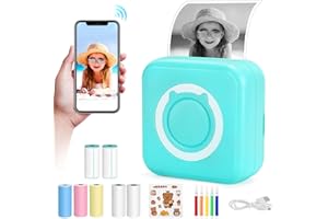 HERSANCE Mini Thermal Printer, Pocket Bluetooth Inkless Printers with 7 Rolls Printing Paper for Smartphone,C15 Portable Sticker Printing Gift for DIY Label Receipt Photo Notes Study Home Office (Blue)