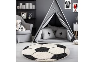 ‎CARPETSALE24 Carpetsale24 Kinderteppich Rund 120 cm Schwarz Weiß – Weicher Hochflor Spielteppich mit Fußball Motiv – Pflegeleicht & rutschfest – Ideal für Jungenzimmer & Mädchenzimmer im Jugendstil