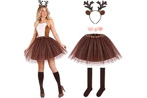 Hifot 5 Pcs Reindeer Costume Adult Tutu Skirt with Reindeer Headband Temporary Tattoos Socks Deer Cosplay Costume Halloween Christmas Fancy Dress Outfits for Women Girls