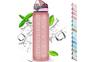 Auckpure Gourde Sport 1 Litre, Bouteille d'eau Avec Paille, avec ​Traqueur de Marqueur, Ouvrir en un Clic, Convient Pour la Gym, le Yoga, le Camping, le Cyclisme et la Vie de Famille (Rose)