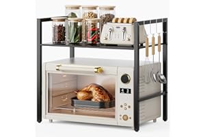 Warmiehomy Microwave Shelf Stand, 2 Tier Metal Kitchen Over Microwave Shelf Unit, Kitchen Countertop Organiser Shelves with Raised Fence and Premium Non-slip Corner Pads, Black, 51×32×47.5 CM