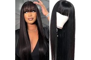 QAVA Perruque Femme Naturelle Brésilien Straight 2x4 Lace Wig Human Hair Avec Frange, Glueless Wig Human Hair Perruque Cheveux Humain 180% Densité Peruque Bresilien Naturel Couleur Naturelle 22 Pouces